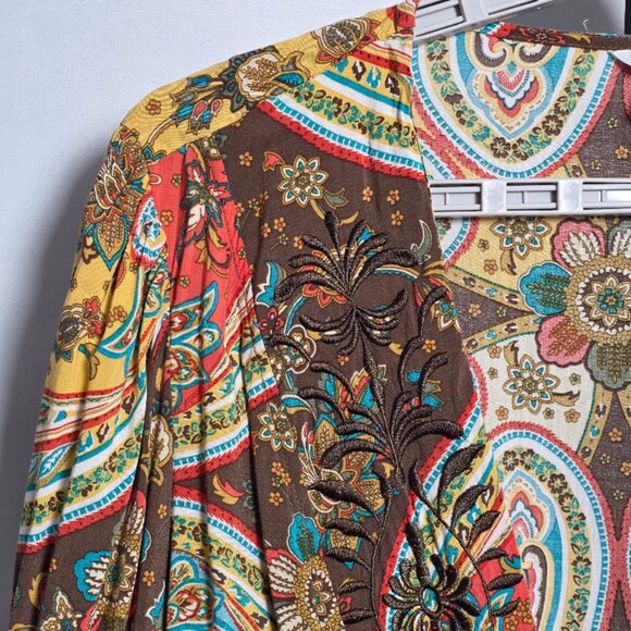 Cato Plus Size 26/28W Rayon Kimono Top Blouse Paisley Floral Embroidered Tie Boh - Picture 4 of 8